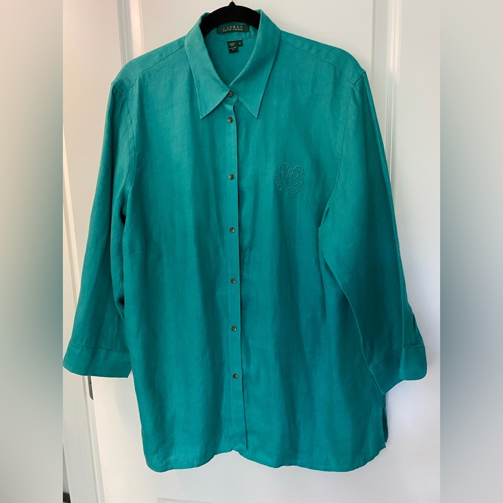 Lauren Ralph Lauren Embroidered Teal Women's Linen Button Down Shirt Size 1X - Picture 6 of 7